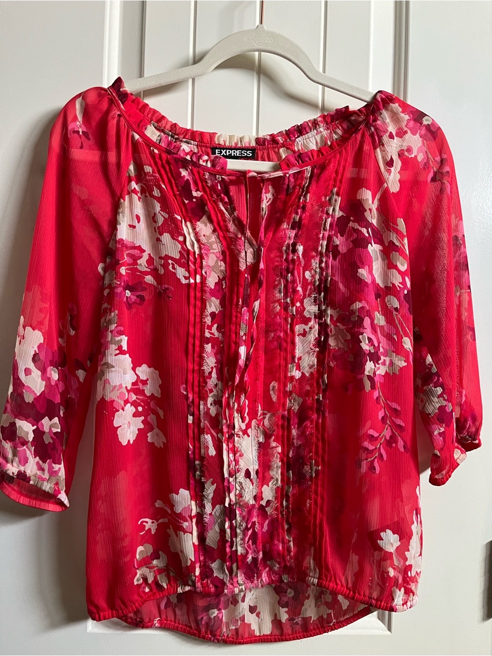 Express Floral Red and White Peasant Blouse